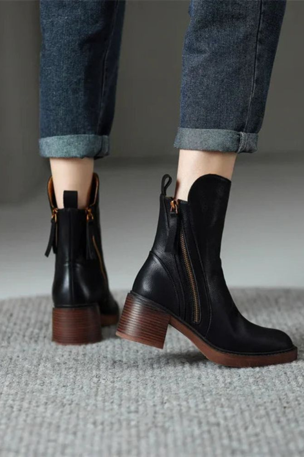 Black Leather Ankle Boots with Block Heel and Gold Zip