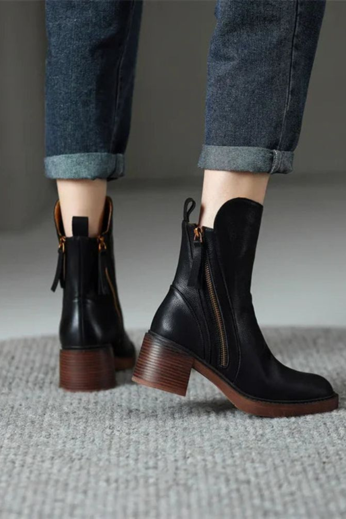 Black Leather Ankle Boots with Block Heel and Gold Zip