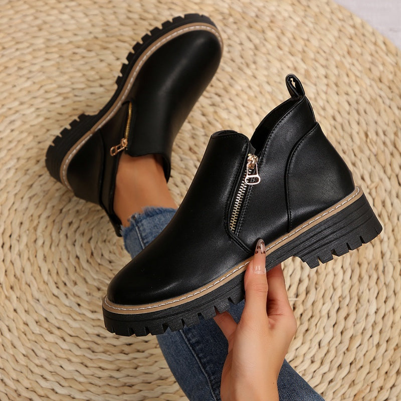 Black Leather Ankle Boots with Chunky Sole and Gold Zip