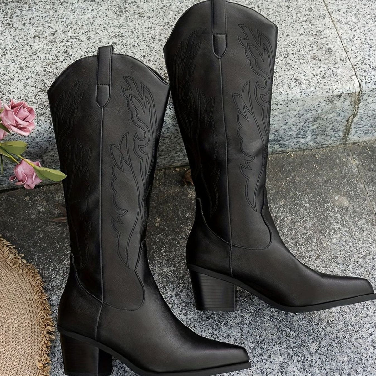 Black Leather Knee High Cowboy Boots in Western Style
