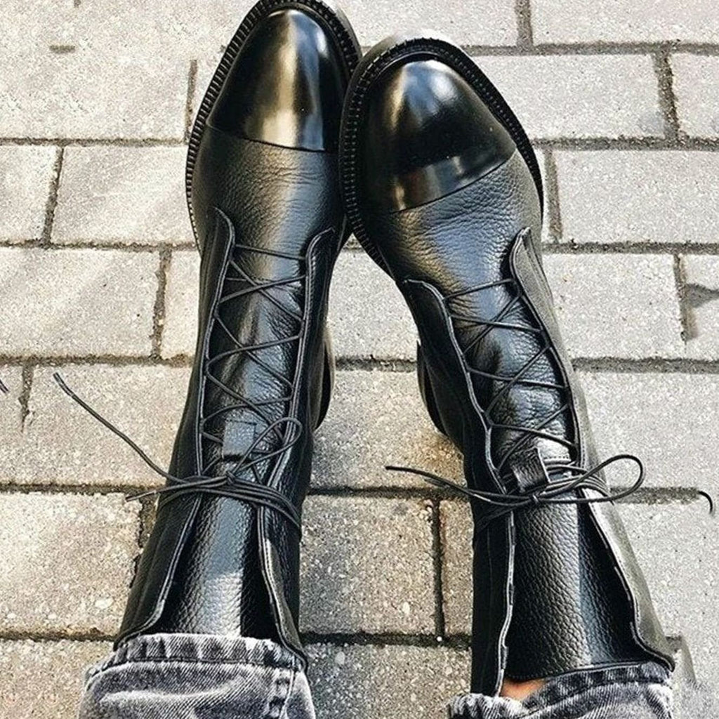 Black Leather Lace-Up Ankle Boots with Cap Toe