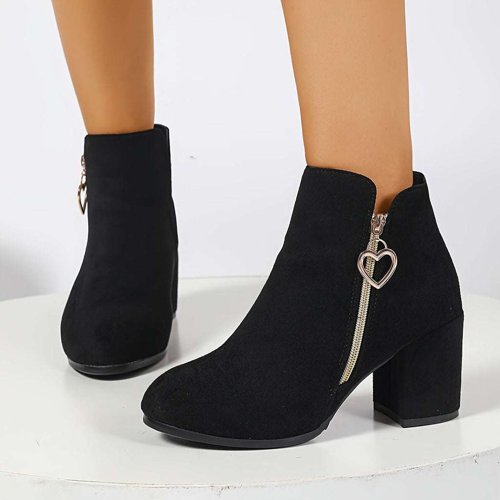 Black Suede Block Heel Ankle Boots with Gold Heart Zip