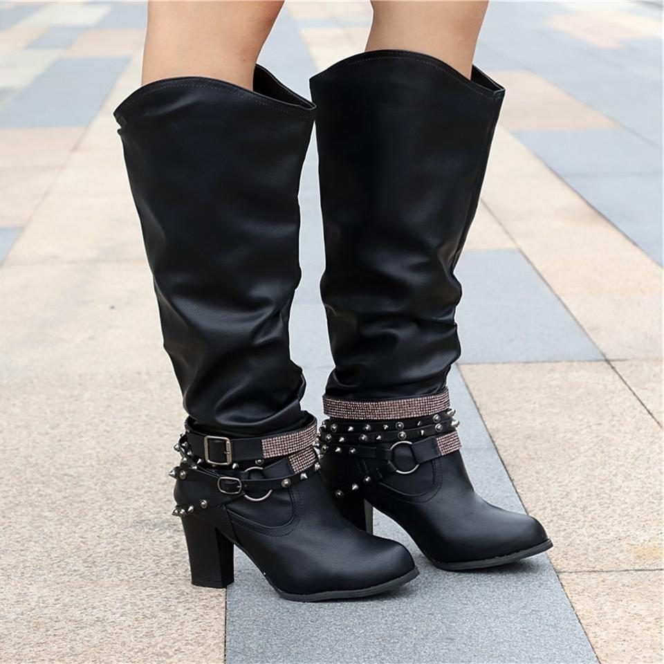 Block Heel Leather Knee High Boots with Studded Straps