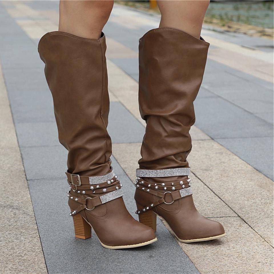 Block Heel Leather Knee High Boots with Studded Straps