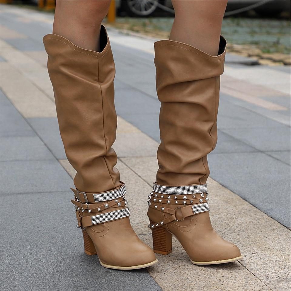Block Heel Leather Knee High Boots with Studded Straps