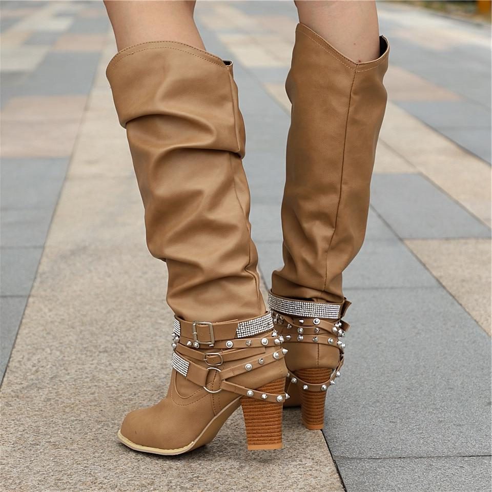 Block Heel Leather Knee High Boots with Studded Straps