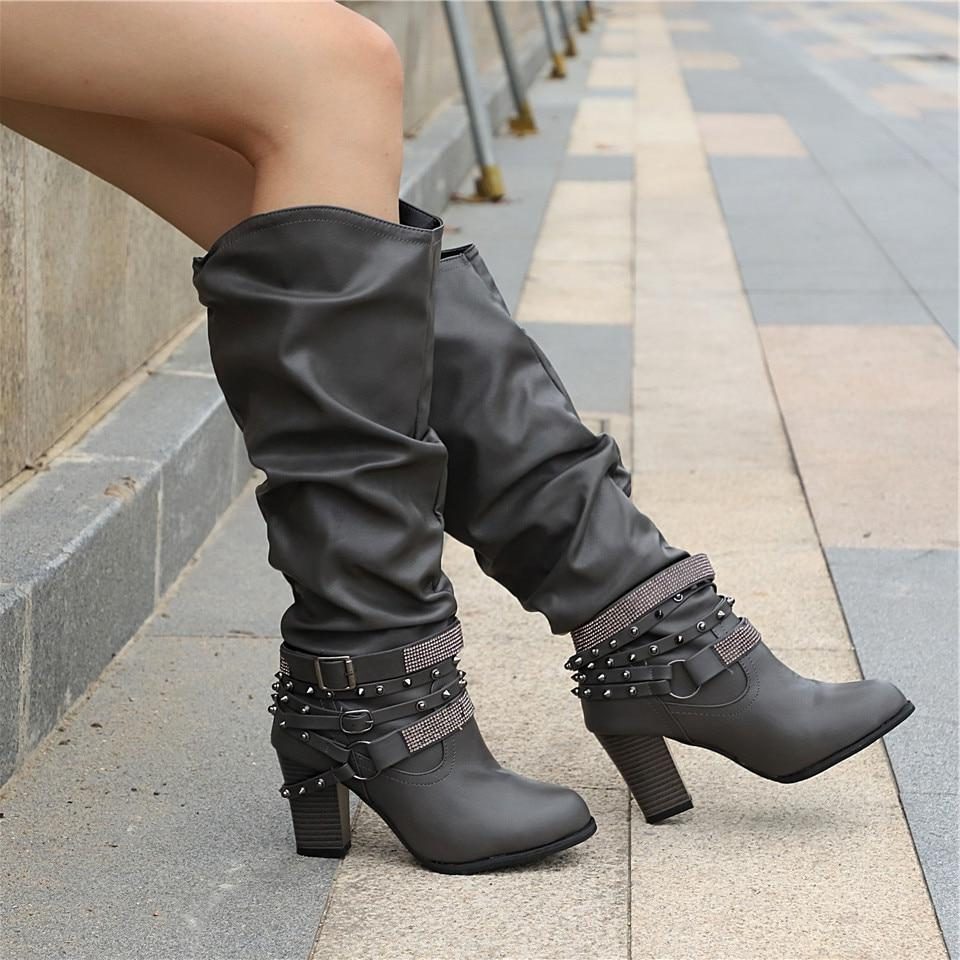Block Heel Leather Knee High Boots with Studded Straps
