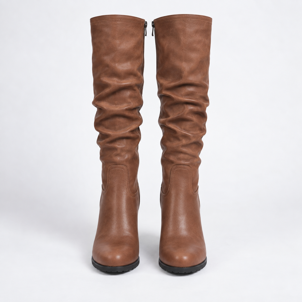Brown Heeled Leather Knee High Boots with Block Heel