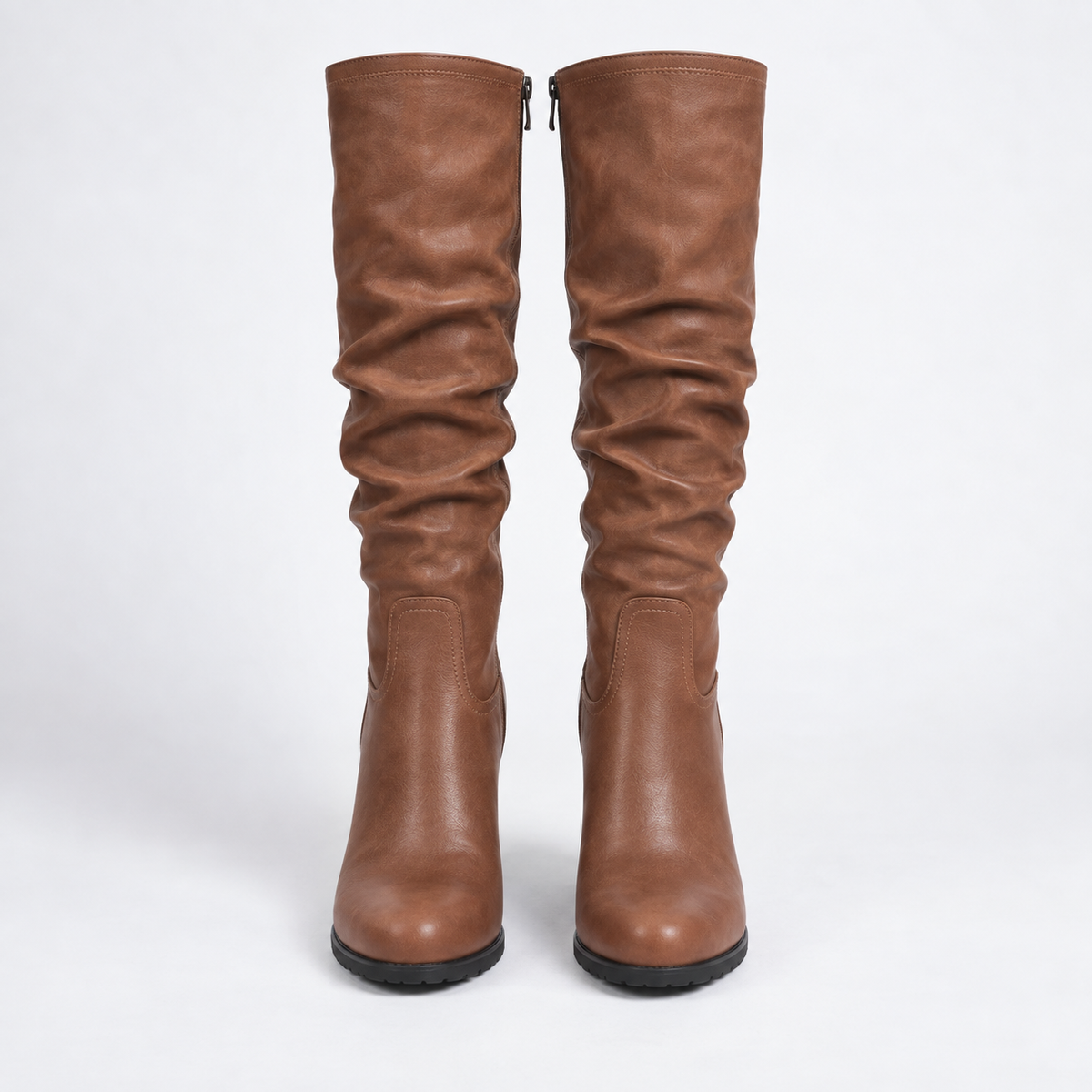 Brown Heeled Leather Knee High Boots with Block Heel