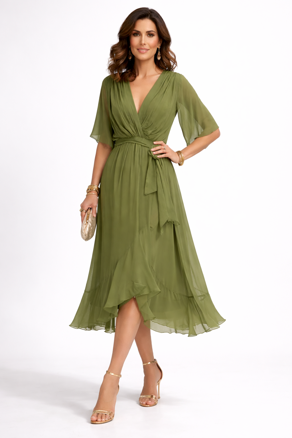 Vestido Midi Femenino Elegante con Escote en V y Cinturón para Fiesta