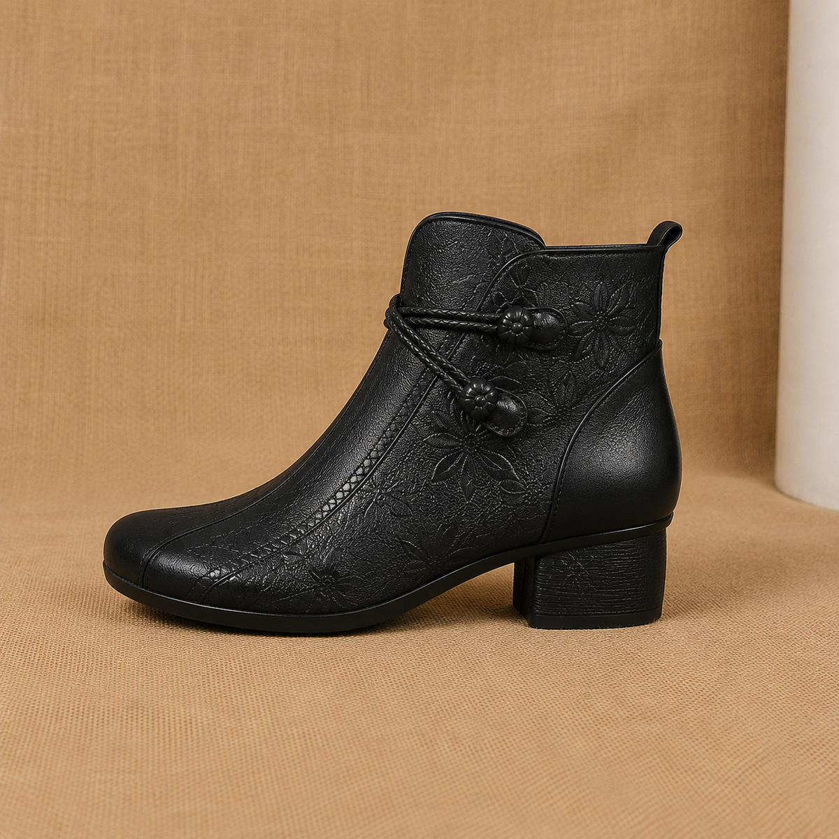 Leather Ankle Boots with Leaf Detail and Block Heel