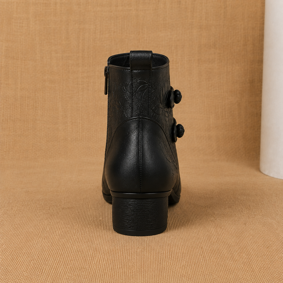 Leather Ankle Boots with Leaf Detail and Block Heel