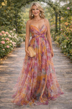 Vestido Largo Femenino Elegante con Tirantes y Estampado Rosa para Fiesta