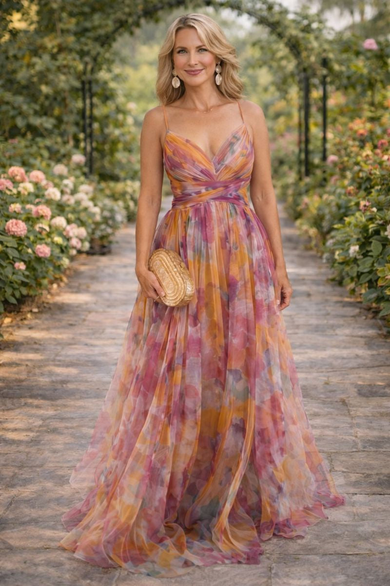 Vestido Largo Femenino Elegante con Tirantes y Estampado Rosa para Fiesta