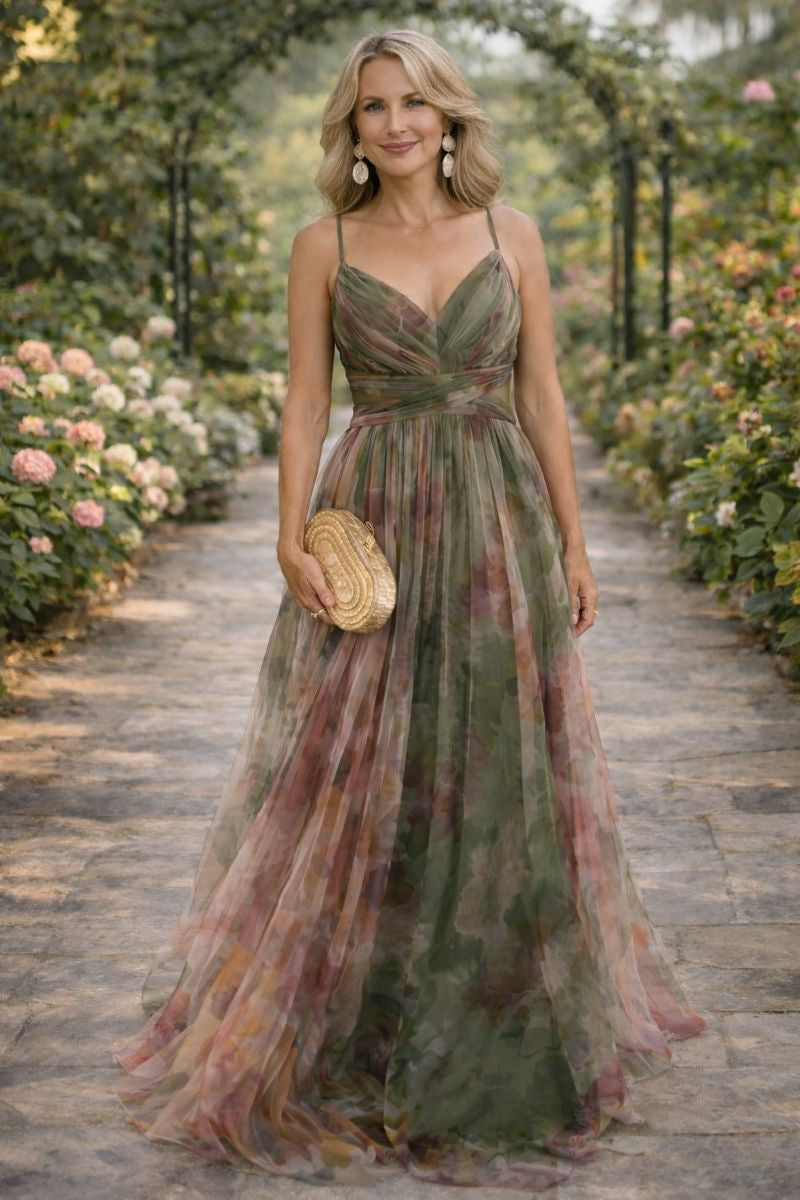 Vestido Largo Femenino Elegante con Tirantes y Estampado Rosa para Fiesta