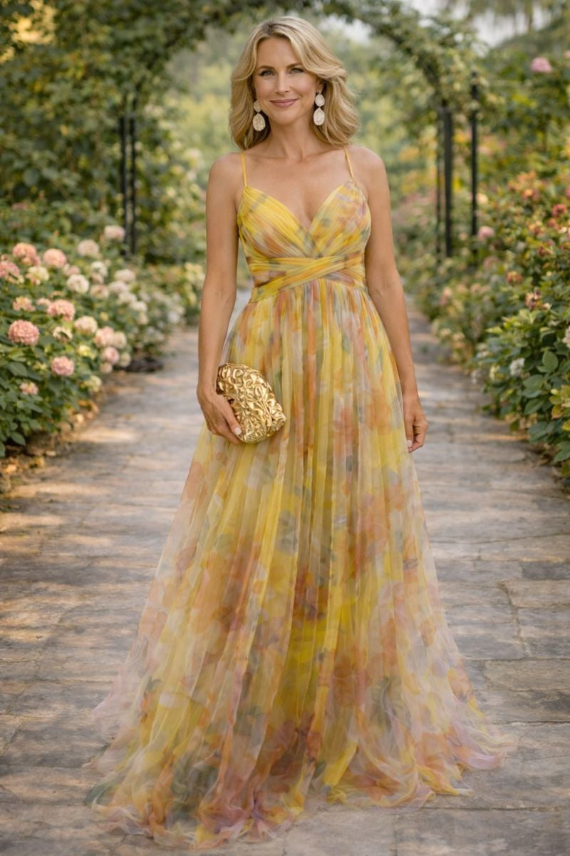 Vestido Largo Femenino Elegante con Tirantes y Estampado Rosa para Fiesta