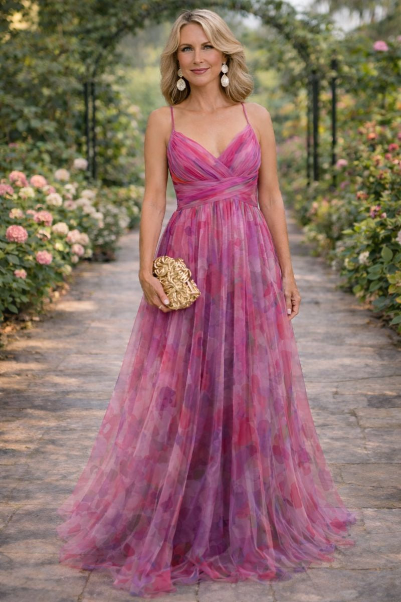 Vestido Largo Femenino Elegante con Tirantes y Estampado Rosa para Fiesta