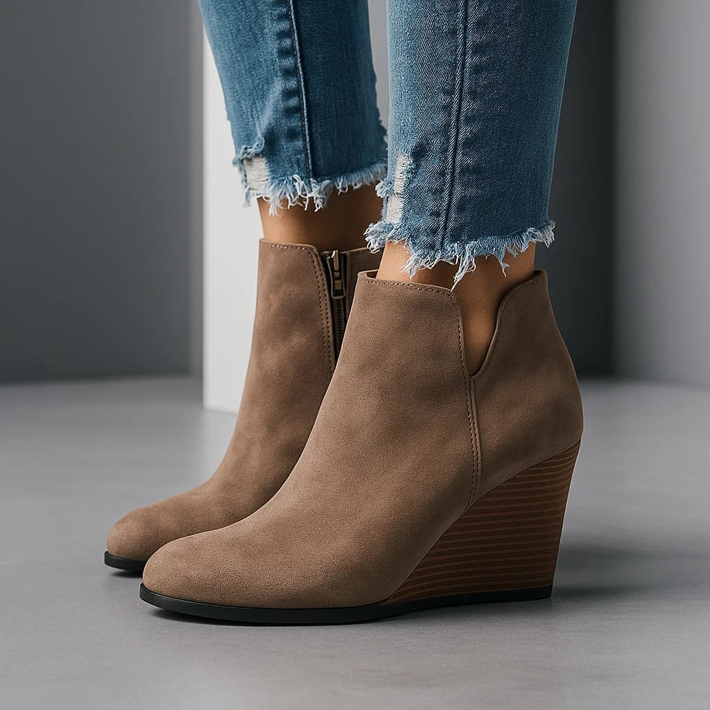 Chic Suede Wedge Ankle Boots with Side Cut-Out