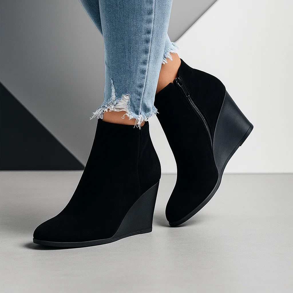 Chic Suede Wedge Ankle Boots with Side Cut-Out