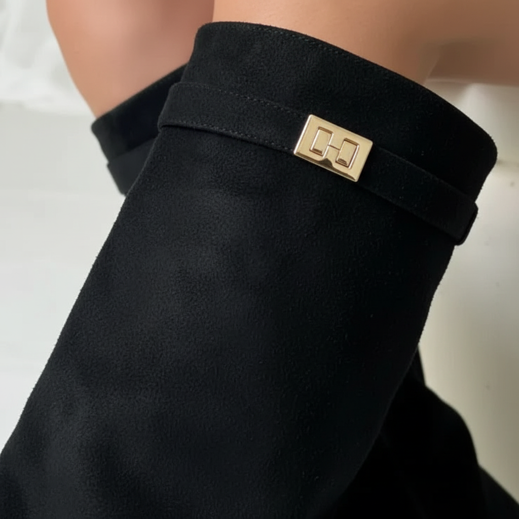 Chic Suede Knee High Boots with Block Heel and Gold Hardware