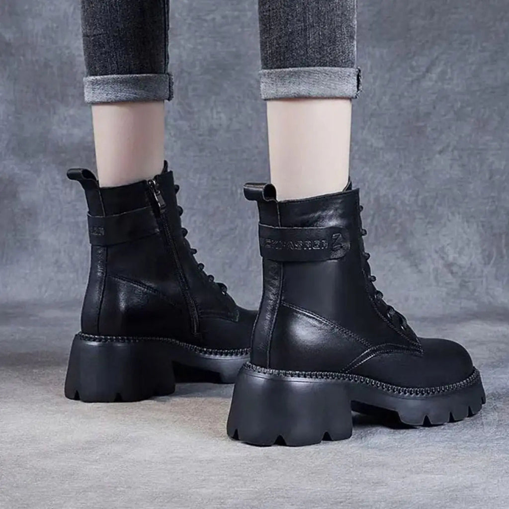 Chunky Platform Lace-Up Leather Ankle Boots with Side Zip