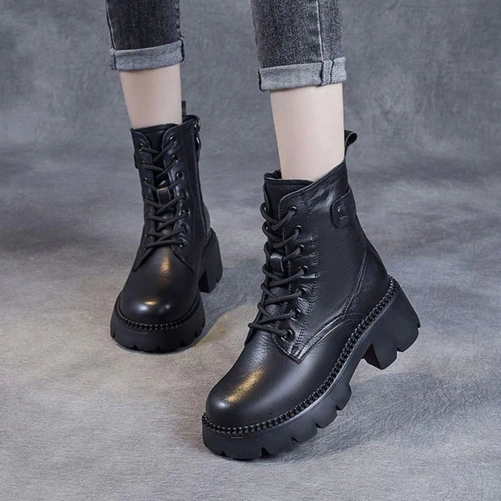 Chunky Platform Lace-Up Leather Ankle Boots with Side Zip