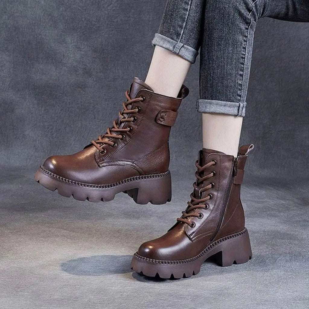Chunky Platform Lace-Up Leather Ankle Boots with Side Zip
