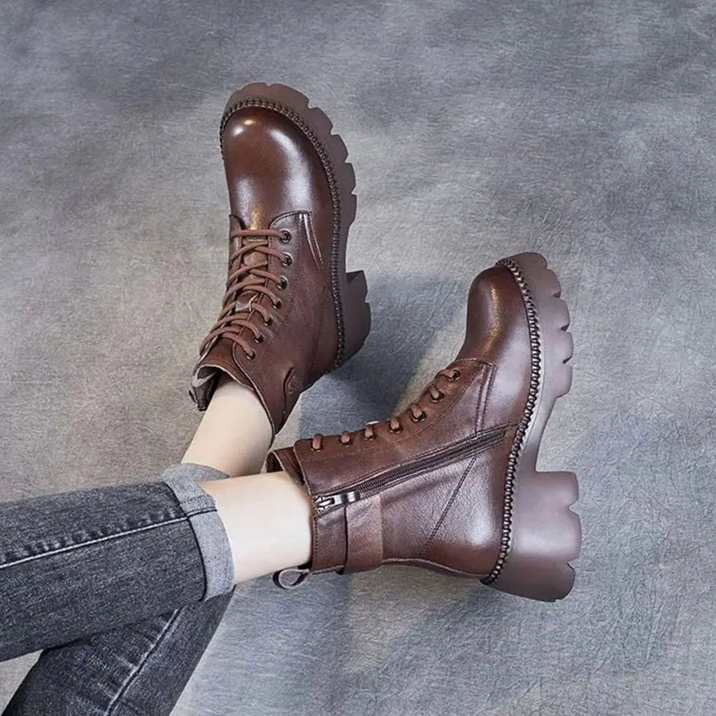 Chunky Platform Lace-Up Leather Ankle Boots with Side Zip