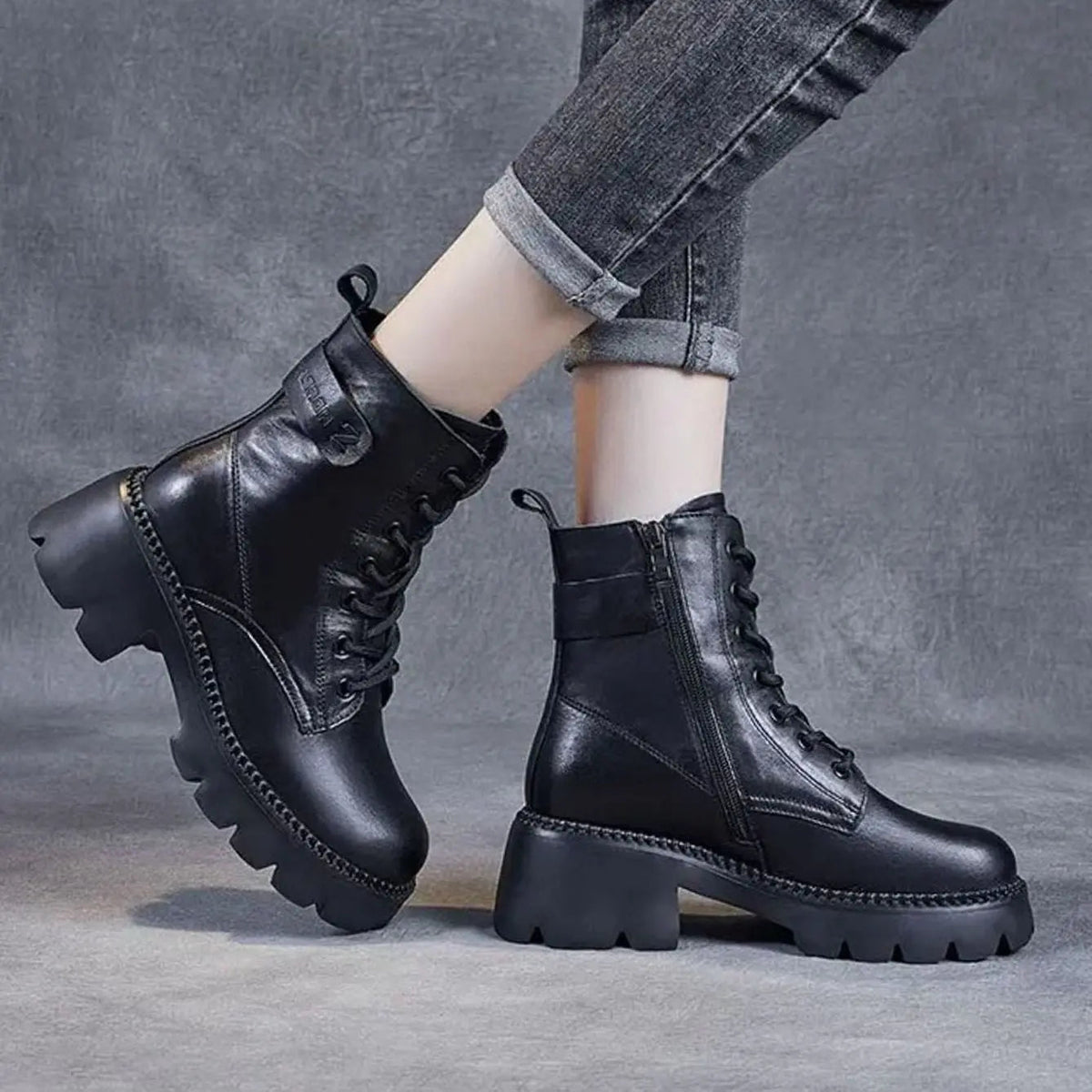 Chunky Platform Lace-Up Leather Ankle Boots with Side Zip