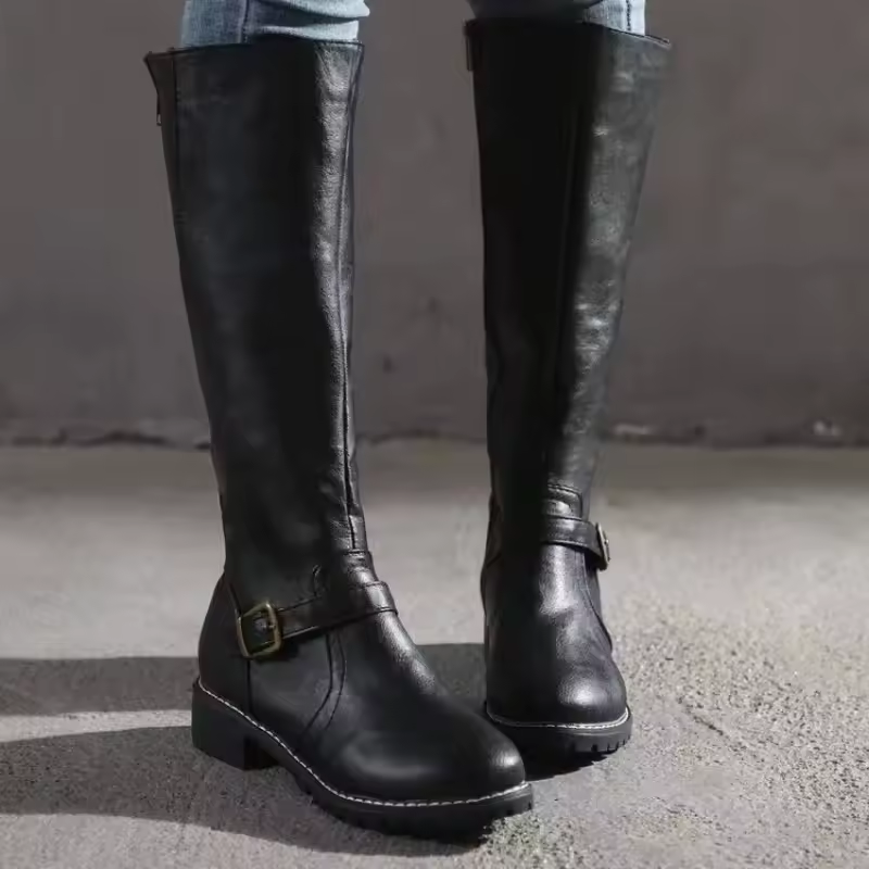 Classic Leather Knee High Boots with Buckle Strap and Block Heel