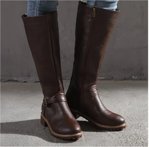 Classic Leather Knee High Boots with Buckle Strap and Block Heel