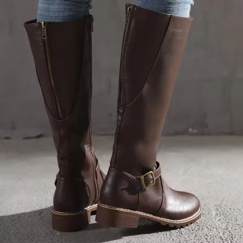 Classic Leather Knee High Boots with Buckle Strap and Block Heel