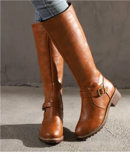 Classic Leather Knee High Boots with Buckle Strap and Block Heel