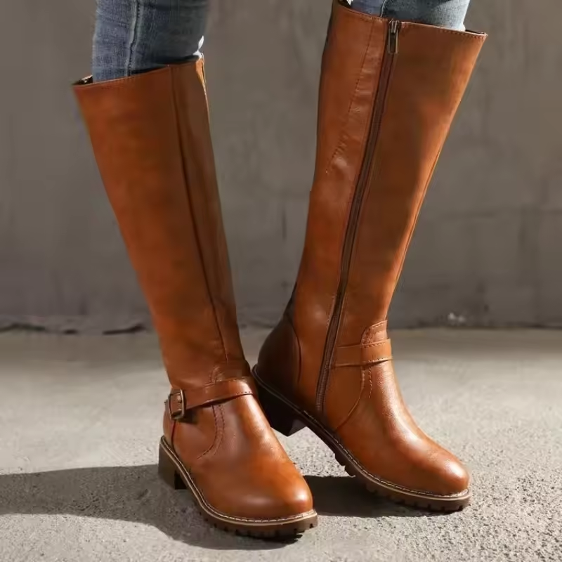 Classic Leather Knee High Boots with Buckle Strap and Block Heel