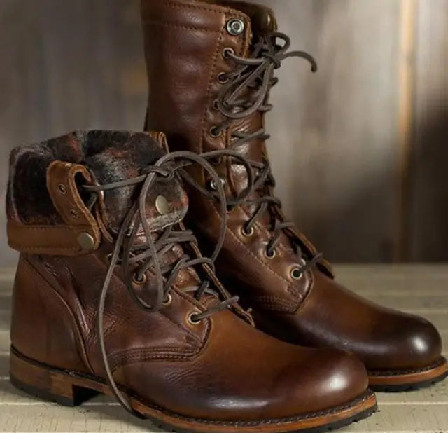 Dark Brown Leather Lace-Up Combat Boots with Fold-Down Cuff