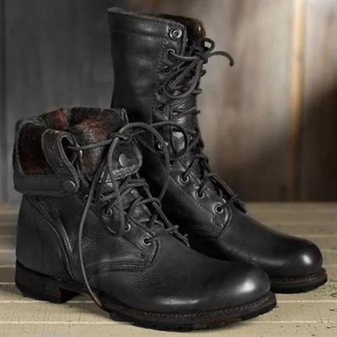 Dark Brown Leather Lace-Up Combat Boots with Fold-Down Cuff
