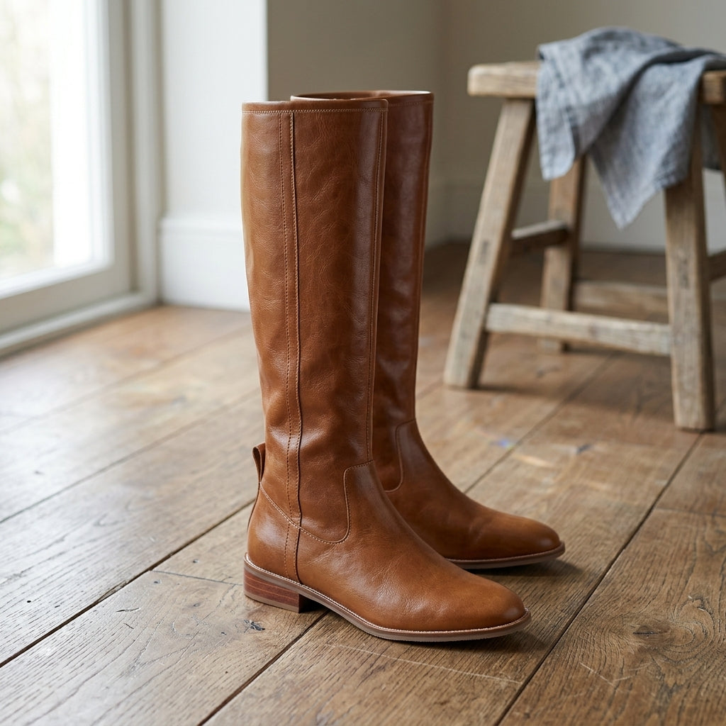 Flat Knee High Leather Boots with Sleek Riding Style