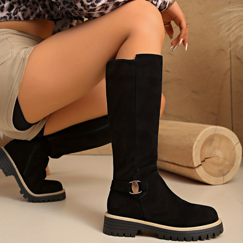 Flat Knee High Suede Boots with Buckle Detail and Lug Sole