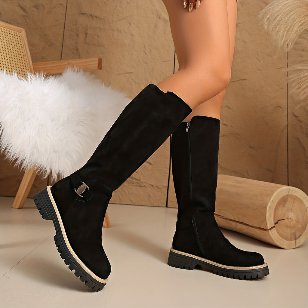 Flat Knee High Suede Boots with Buckle Detail and Lug Sole