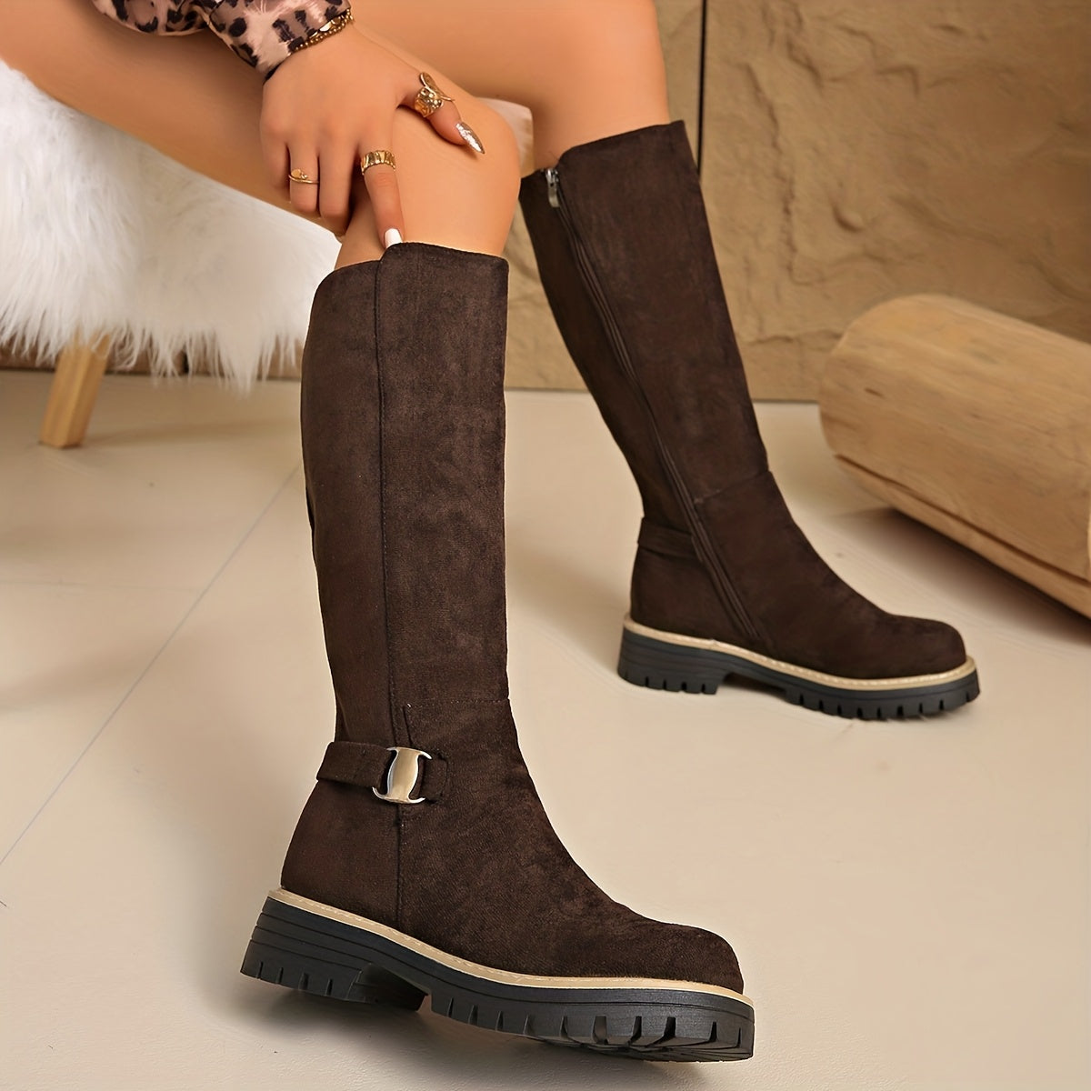 Flat Knee High Suede Boots with Buckle Detail and Lug Sole