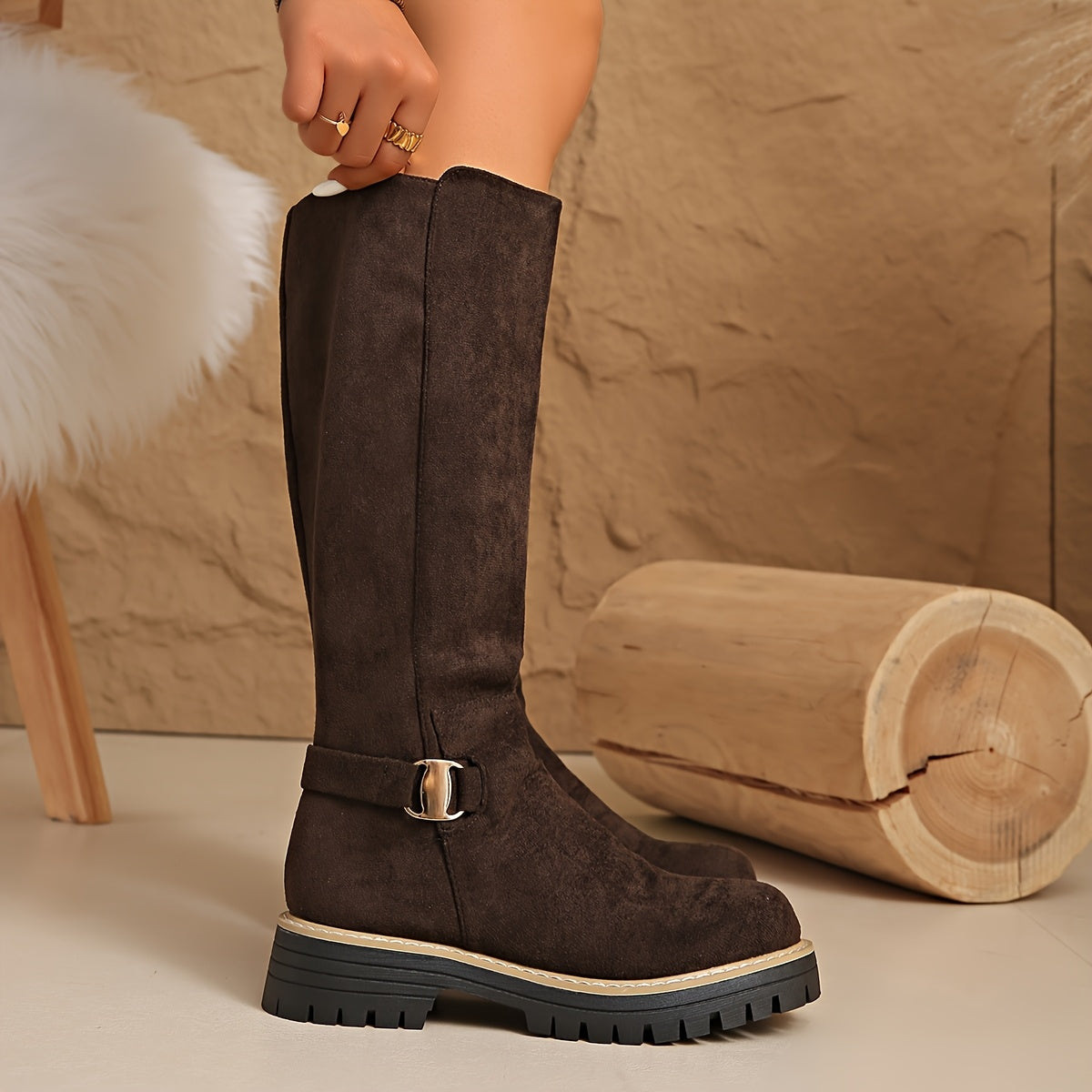 Flat Knee High Suede Boots with Buckle Detail and Lug Sole