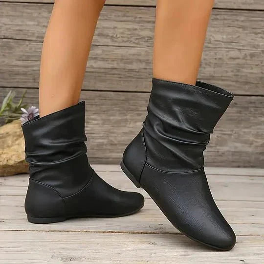 Flat Leather Ankle Boots with Slouch Detail