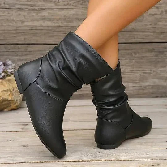 Flat Leather Ankle Boots with Slouch Detail
