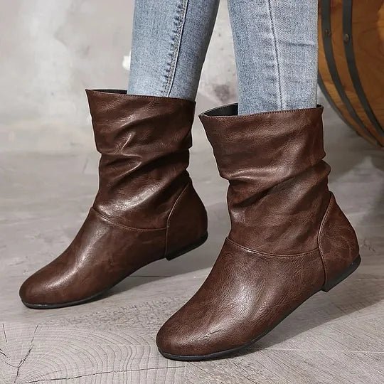 Flat Leather Ankle Boots with Slouch Detail