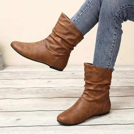 Flat Leather Ankle Boots with Slouch Detail
