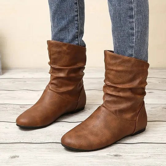 Flat Leather Ankle Boots with Slouch Detail