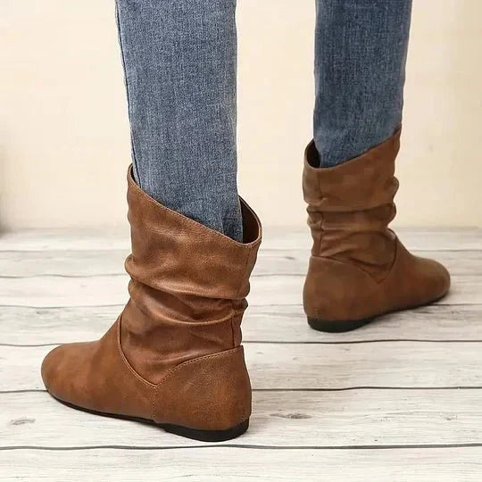 Flat Leather Ankle Boots with Slouch Detail