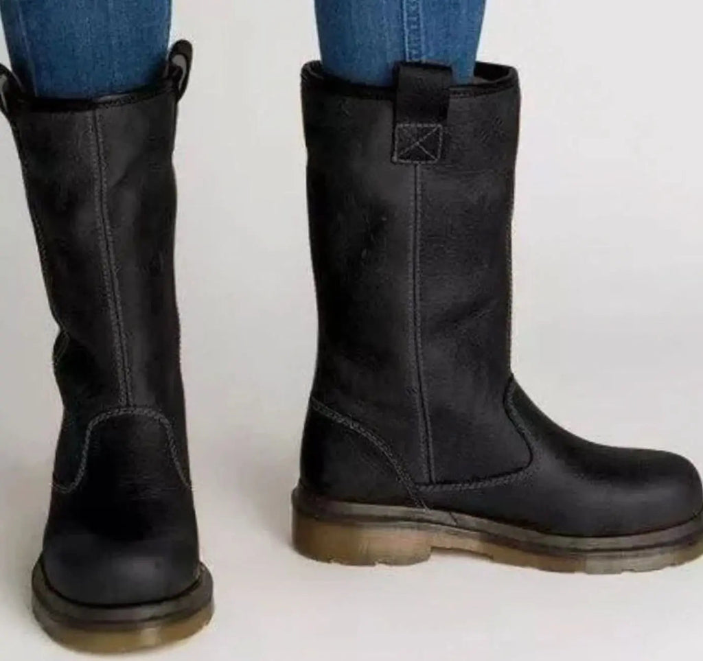 Fleece Lined Pull-On Leather Mid-Calf Boots with Contrast Stitching