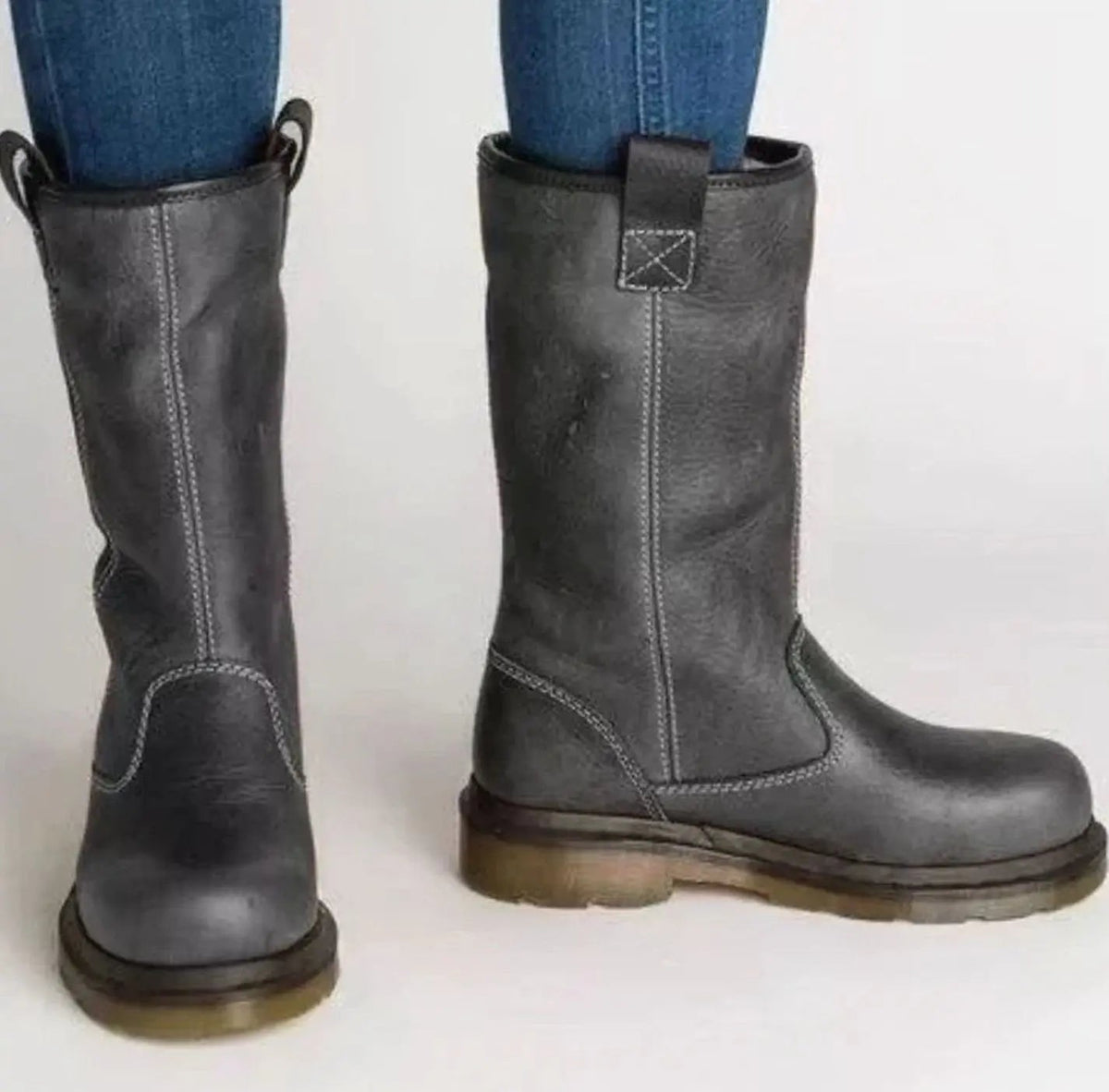 Fleece Lined Pull-On Leather Mid-Calf Boots with Contrast Stitching