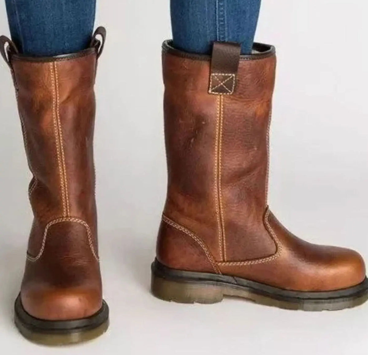 Fleece Lined Pull-On Leather Mid-Calf Boots with Contrast Stitching